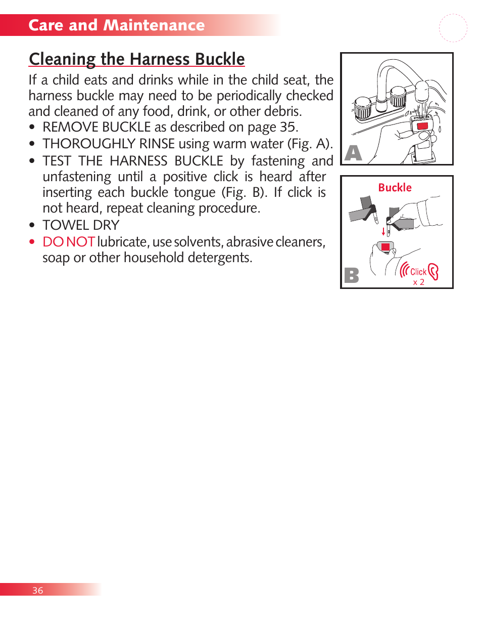 Cleaning the harness buckle | Britax Diplomat P321900 User Manual | Page 38 / 40