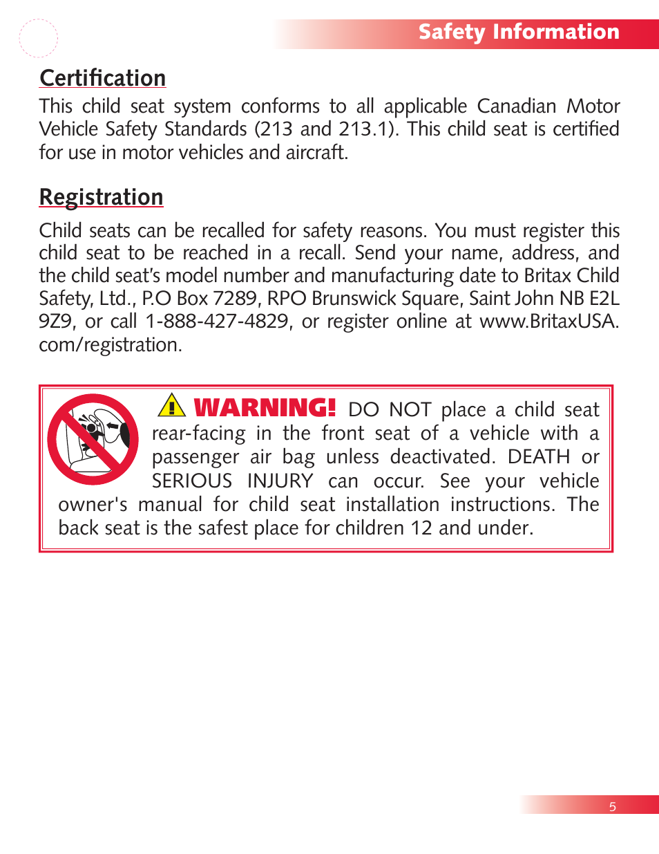 Warning, Certification, Registration | Britax Diplomat P321900 User Manual | Page 7 / 40
