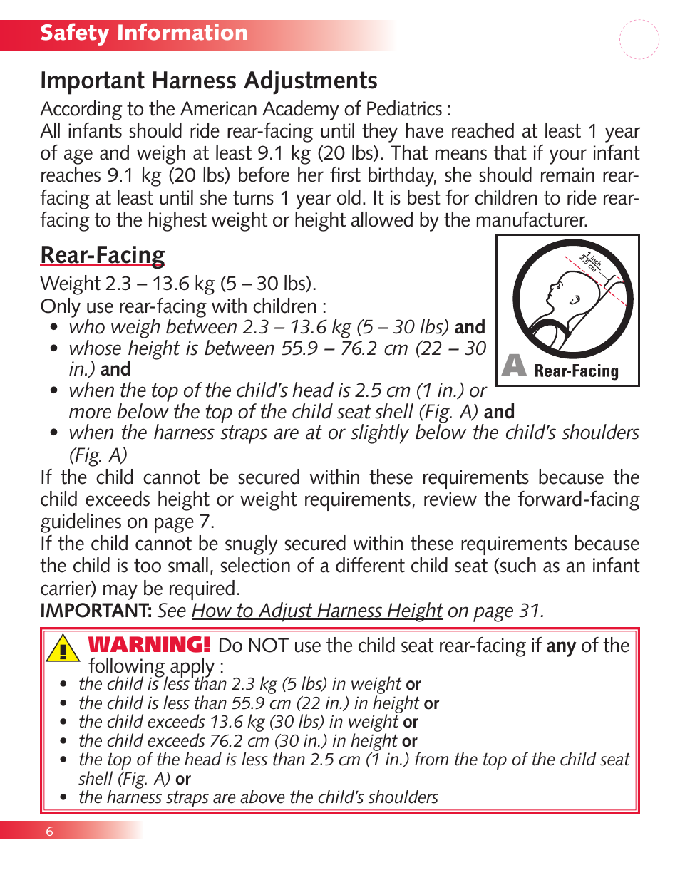 Important harness adjustments, Rear-facing, Safety information | Warning | Britax Diplomat P321900 User Manual | Page 8 / 40