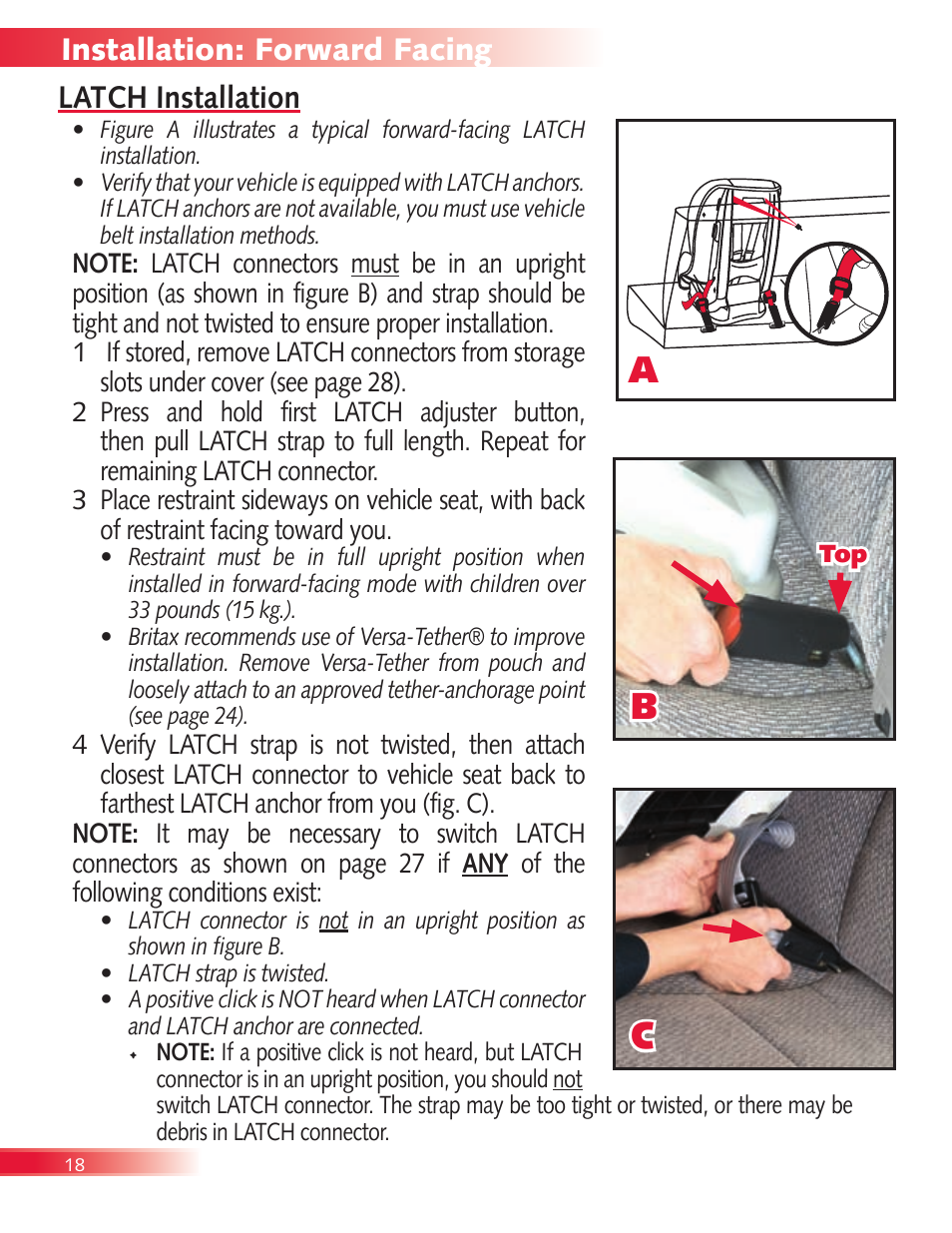 Ab c, Latch installation installation: forward facing | Britax Boulevard User Manual | Page 20 / 44