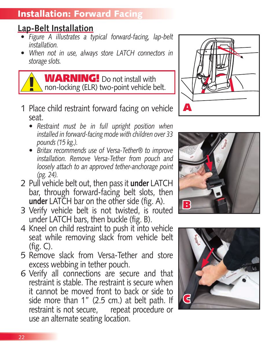 Ab c warning | Britax Boulevard User Manual | Page 24 / 44