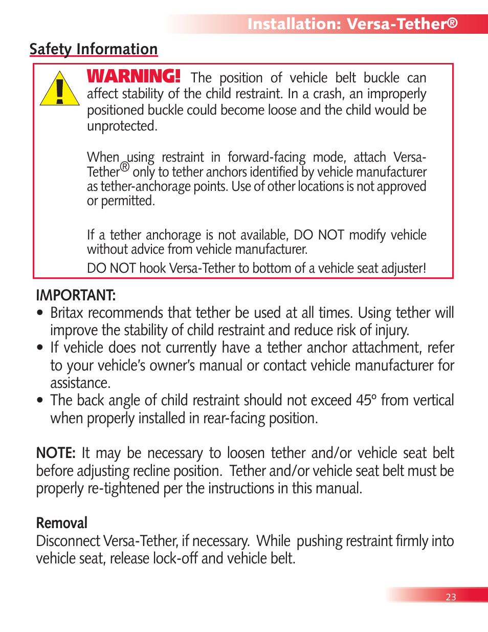 Warning | Britax Boulevard User Manual | Page 25 / 44
