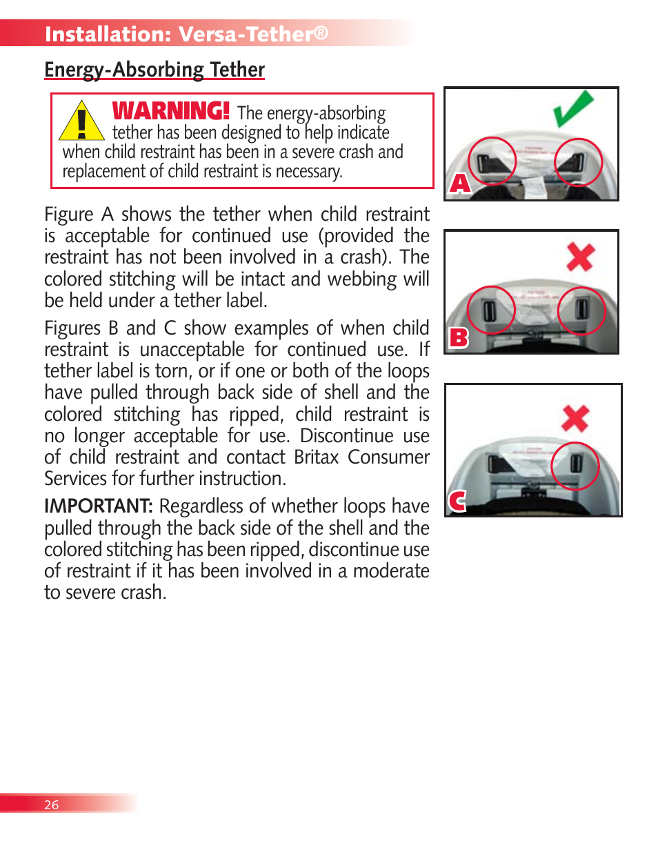 Warning, Ab c, Energy-absorbing, rip-stitch tether | Britax Boulevard User Manual | Page 28 / 44