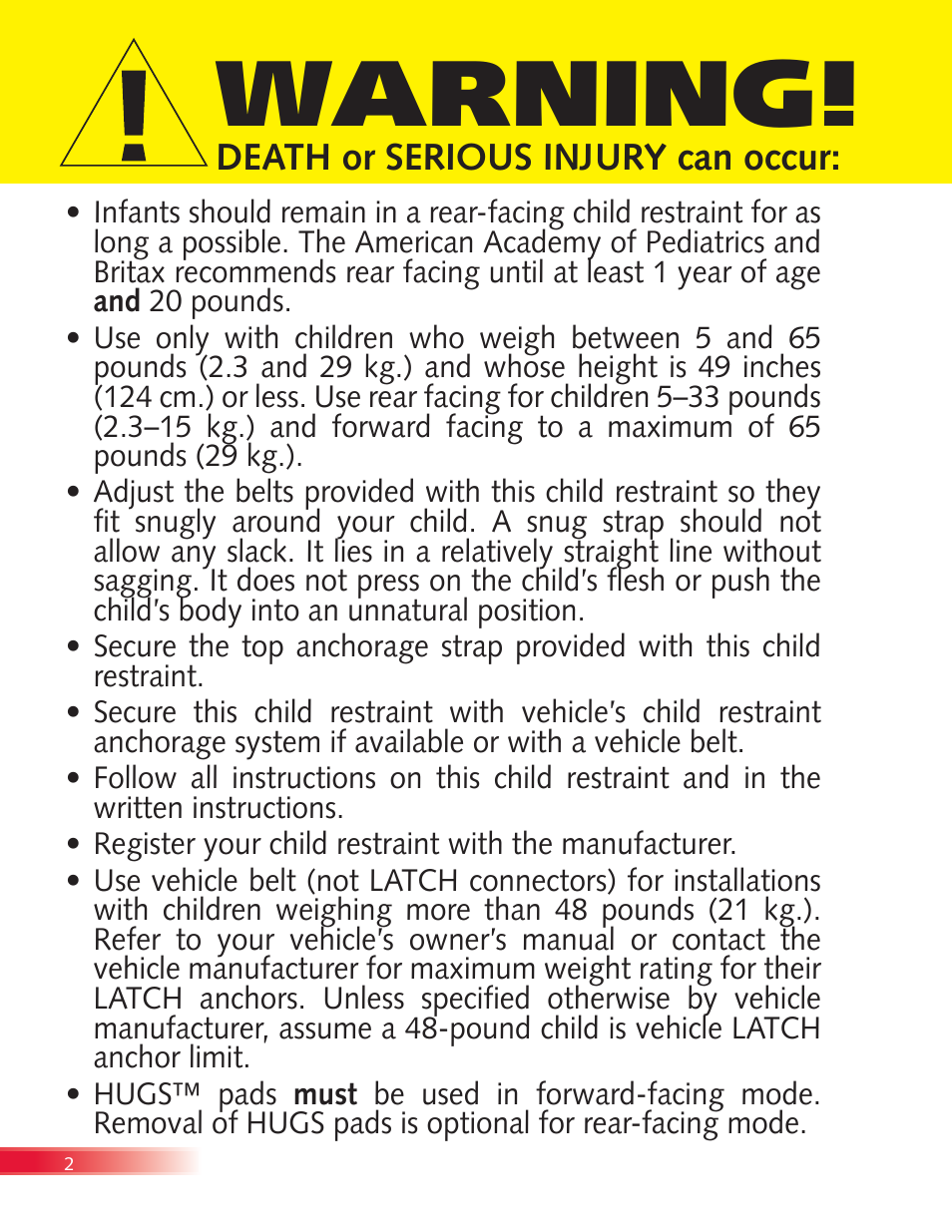Warning, Death or serious injury can occur | Britax Boulevard User Manual | Page 4 / 44
