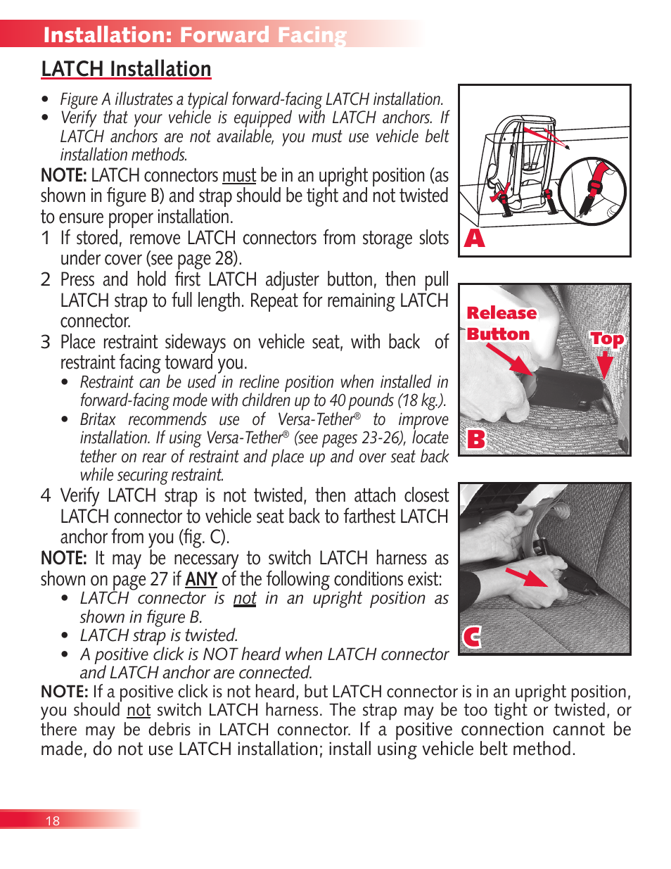 Latch installation installation: forward facing | Britax Diplomat User Manual | Page 20 / 42