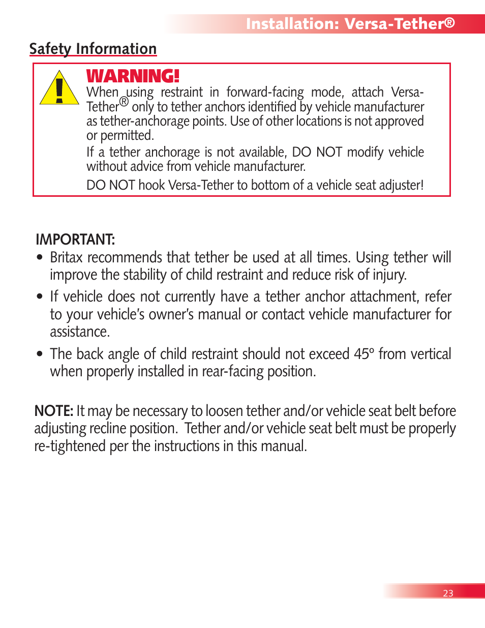 Warning | Britax Diplomat User Manual | Page 25 / 42