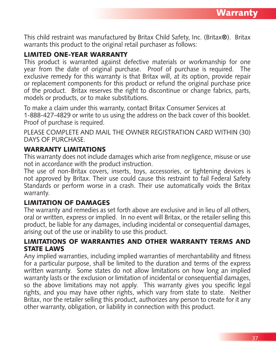 Warranty | Britax Diplomat User Manual | Page 39 / 42