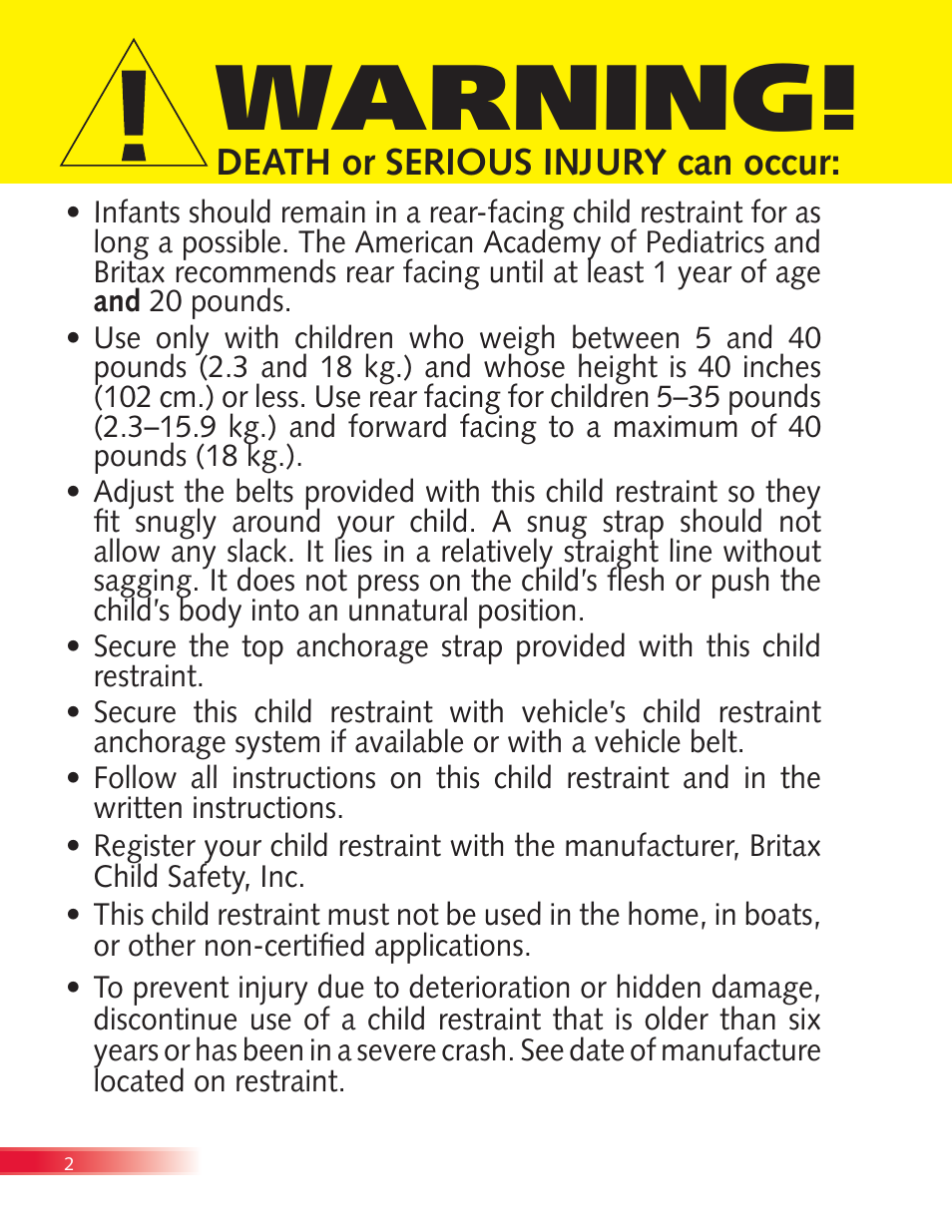 Warning, Death or serious injury can occur | Britax Diplomat User Manual | Page 4 / 42