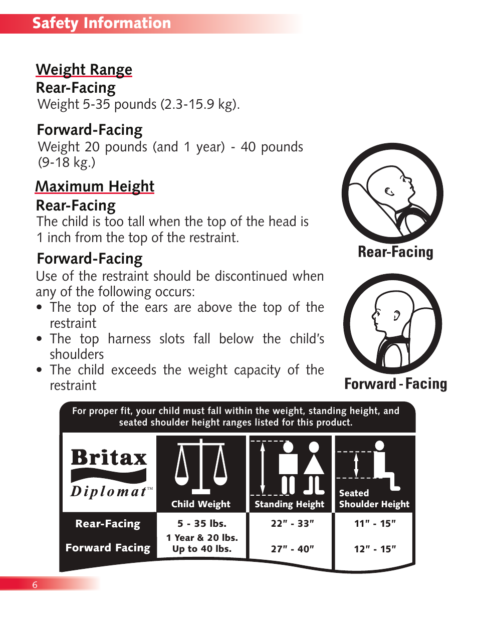 Rear-facing forward-facing, Weight range maximum height rear-facing, Forward-facing | Britax Diplomat User Manual | Page 8 / 42