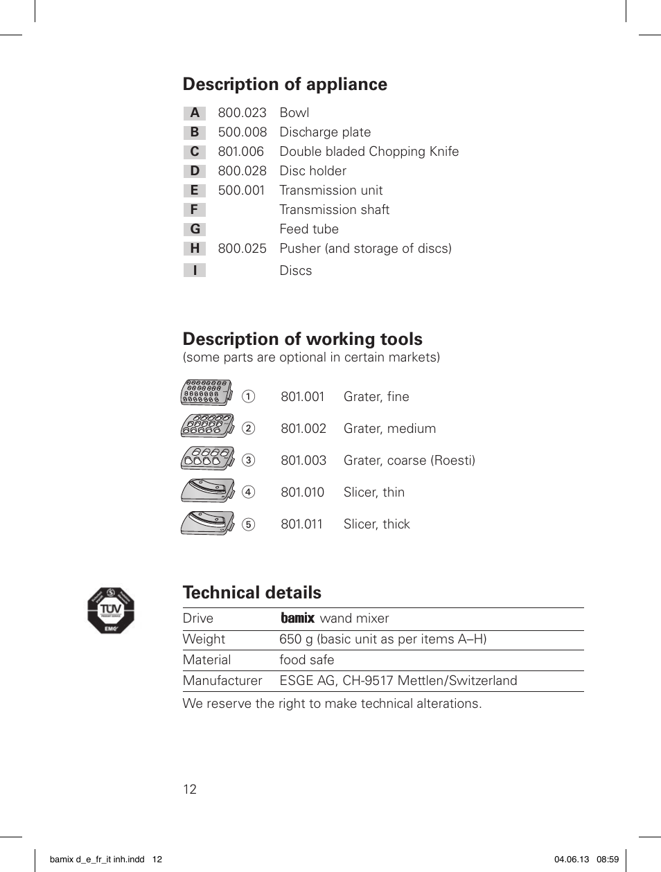 Description of appliance, Description of working tools, Technical details | bamix SliceSy User Manual | Page 14 / 34