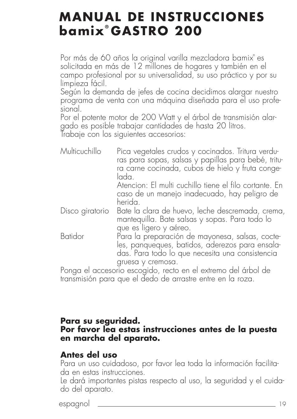 Manual de instrucciones bamix, Gastro 200 | bamix Gastro 200 User Manual | Page 19 / 44