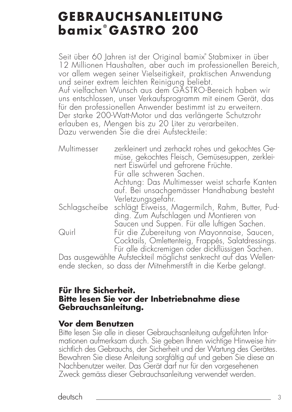 Gebrauchsanleitung bamix, Gastro 200 | bamix Gastro 200 User Manual | Page 3 / 44