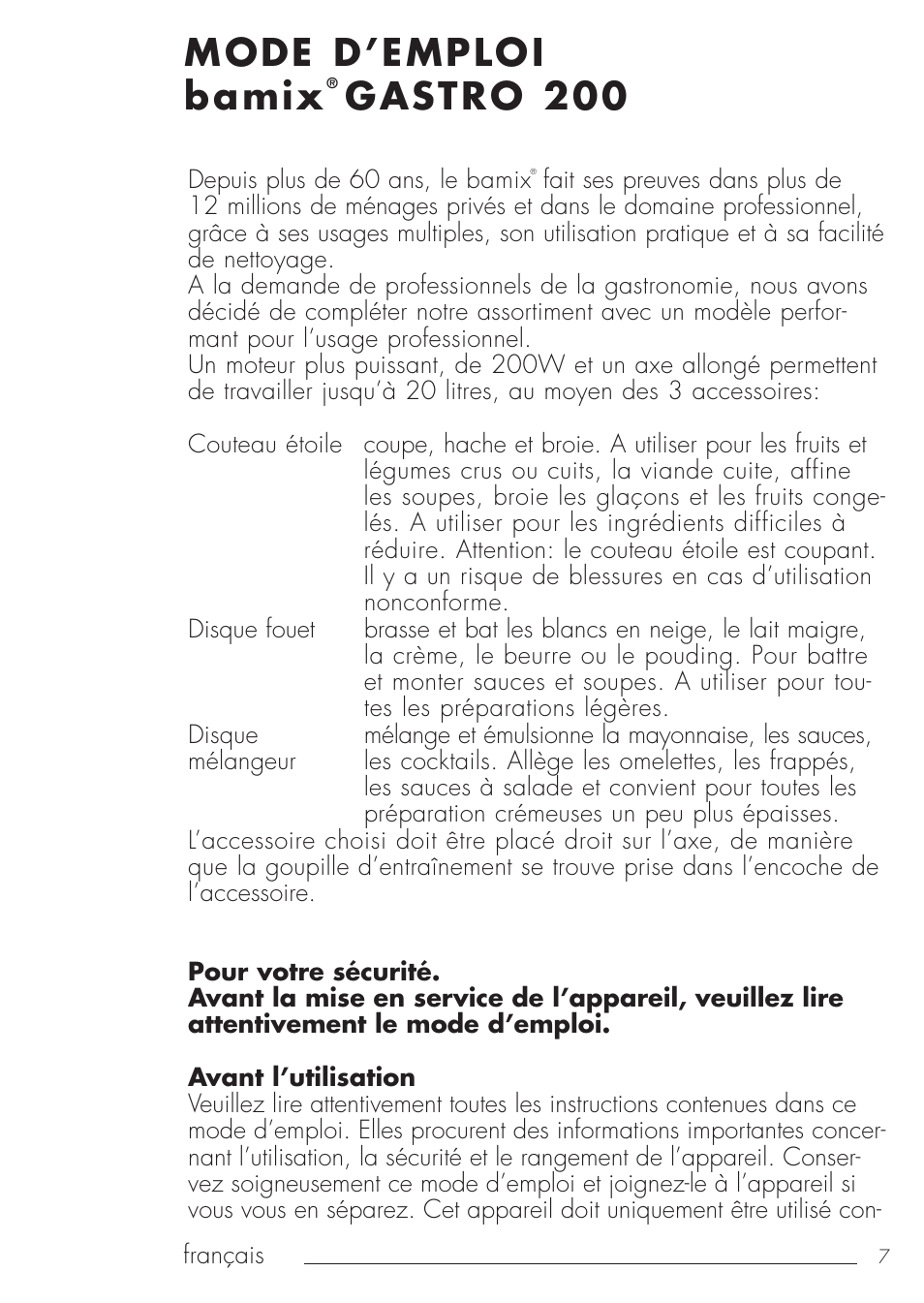 Mode d’emploi bamix, Gastro 200 | bamix Gastro 200 User Manual | Page 7 / 44