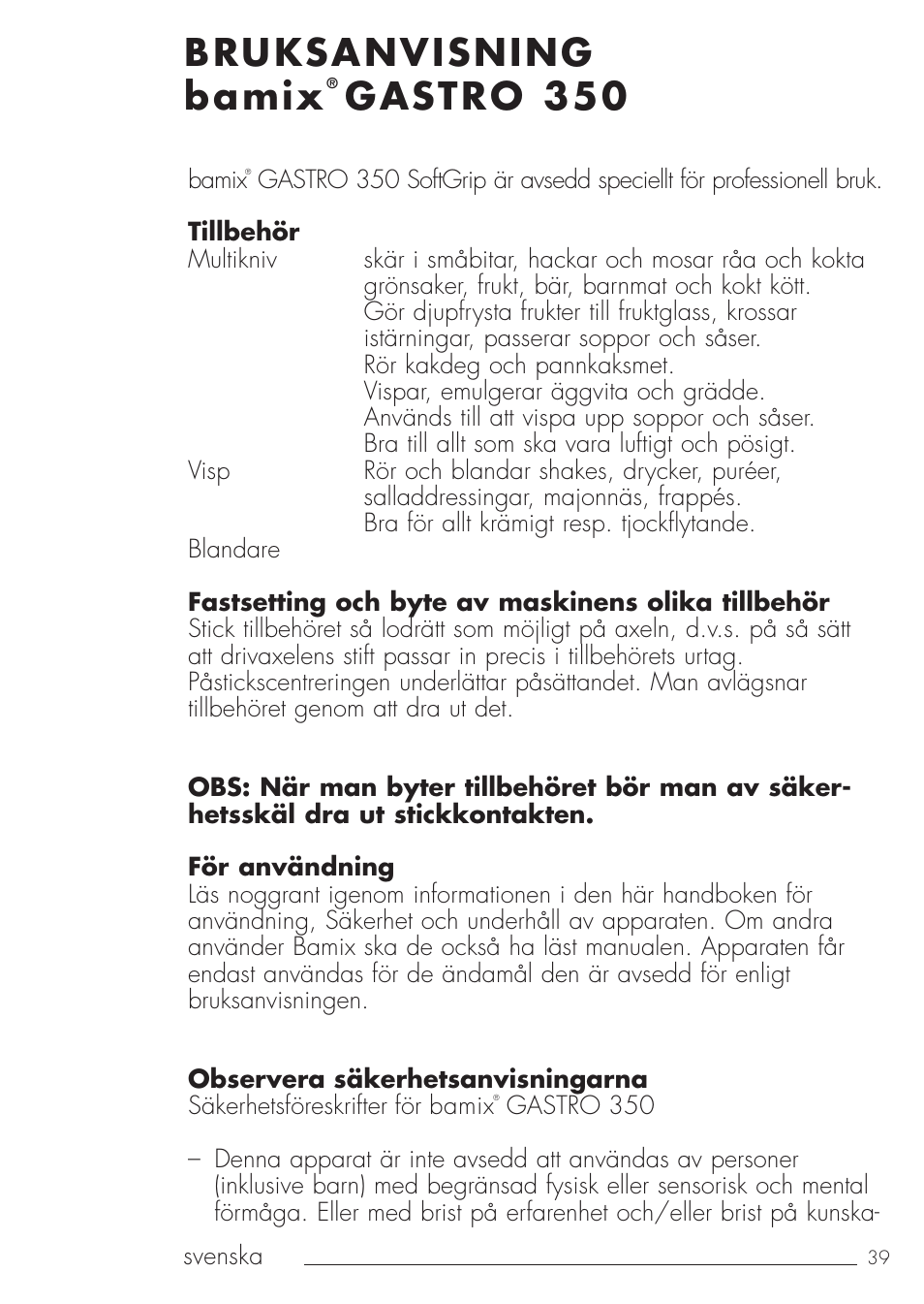 Bruksanvisning bamix, Gastro 350 | bamix Gastro 350 User Manual | Page 39 / 44