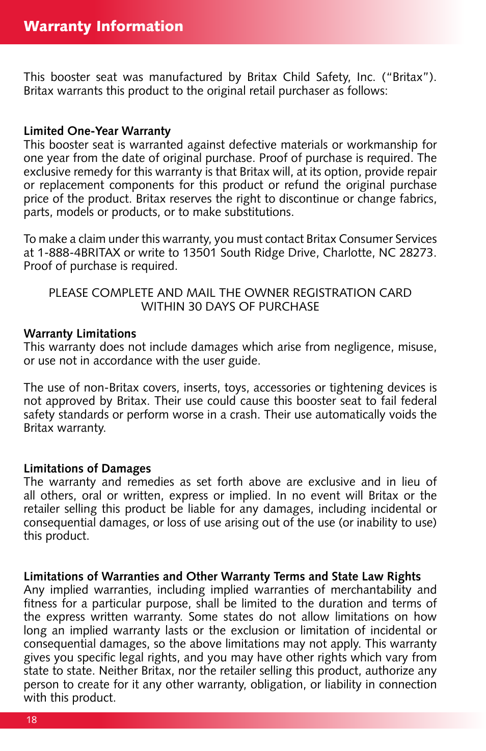 Warranty information | Britax Monarch User Manual | Page 18 / 20