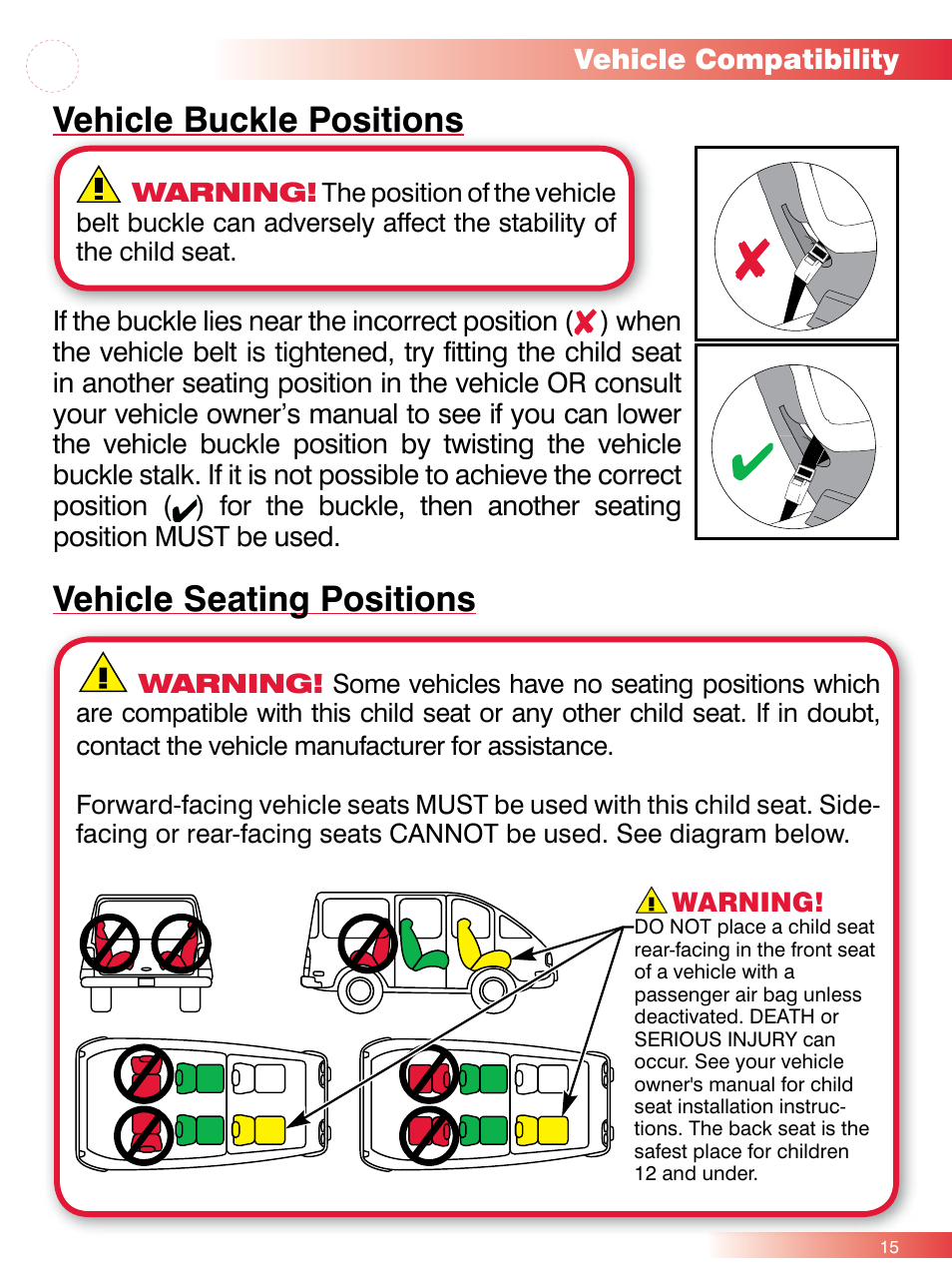 Vehicle buckle positions, Vehicle seating positions | Britax ROUND ABOUT 50 User Manual | Page 17 / 48