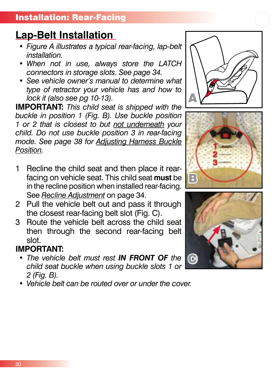 Ab c, Lap-belt installation | Britax ROUND ABOUT 50 User Manual | Page 22 / 48