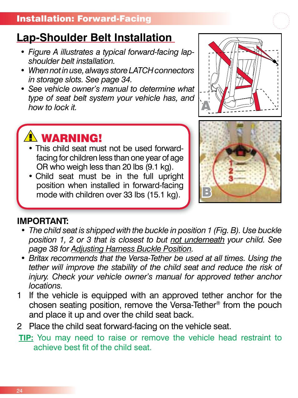 Lap-shoulder belt installation, Warning | Britax ROUND ABOUT 50 User Manual | Page 26 / 48