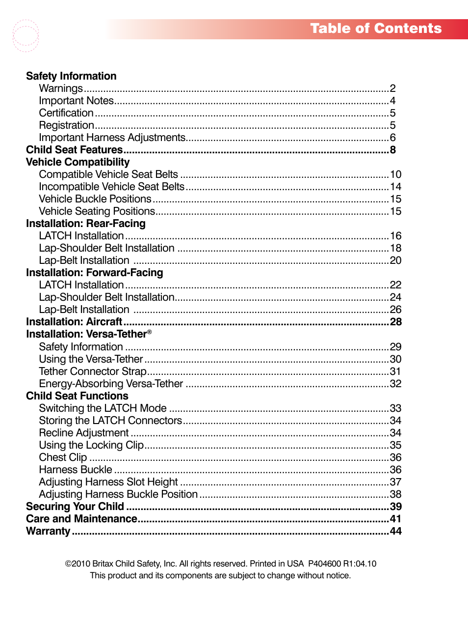 Britax ROUND ABOUT 50 User Manual | Page 3 / 48