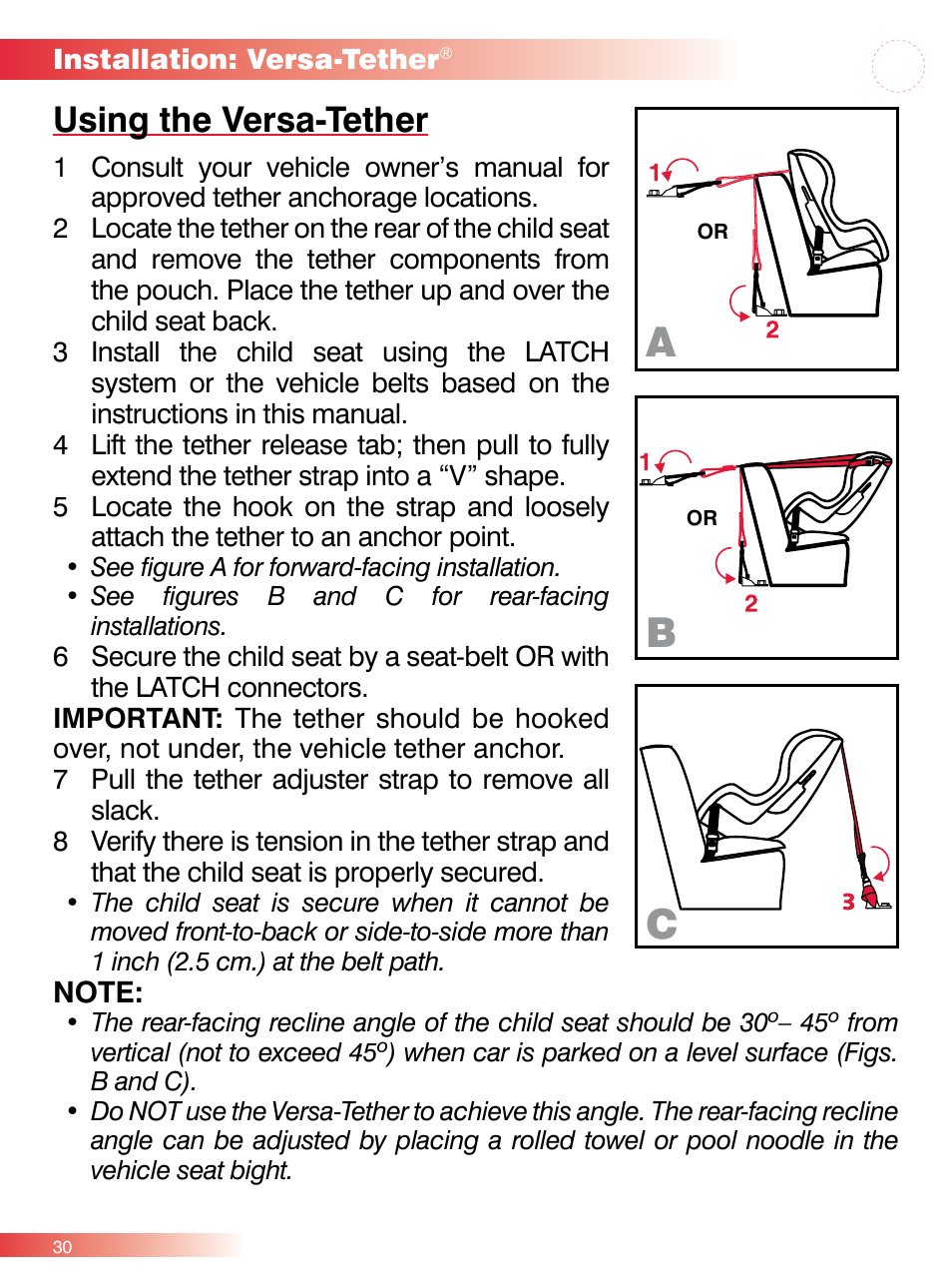 Using the versa-tether | Britax ROUND ABOUT 50 User Manual | Page 32 / 48