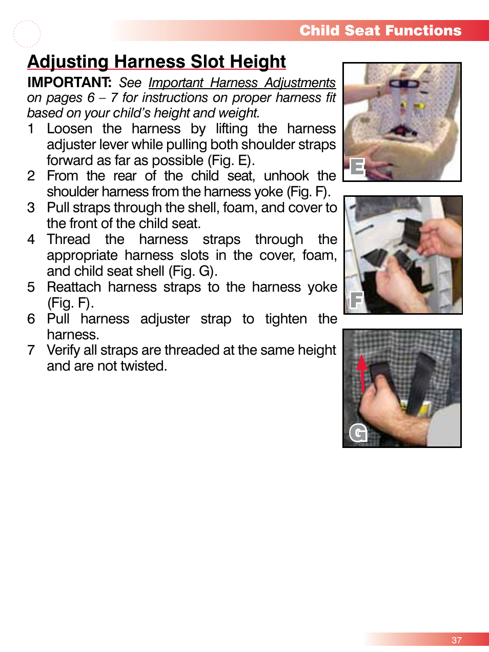 Ef g, Adjusting harness slot height | Britax ROUND ABOUT 50 User Manual | Page 39 / 48
