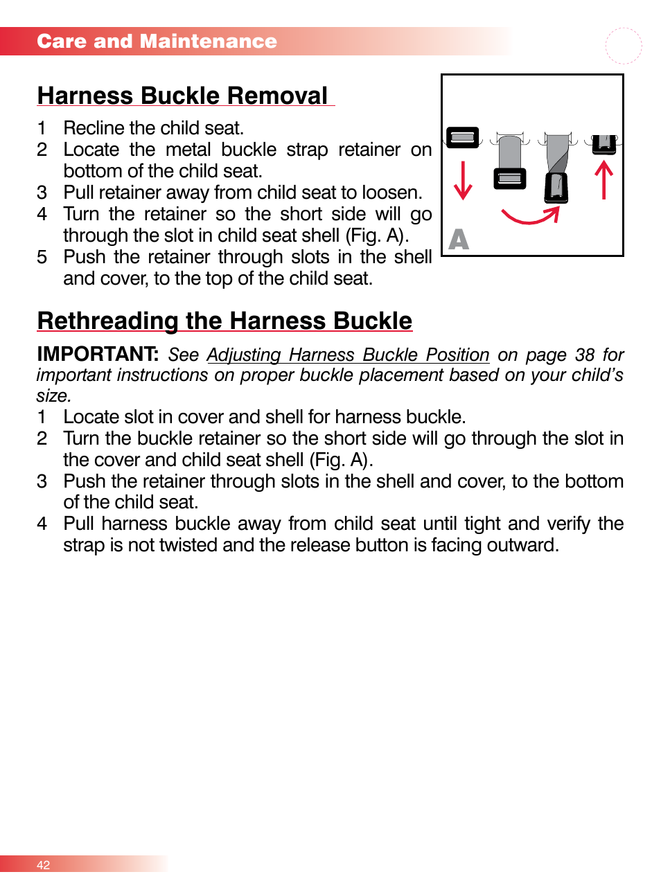 Harness buckle removal, Rethreading the harness buckle | Britax ROUND ABOUT 50 User Manual | Page 44 / 48
