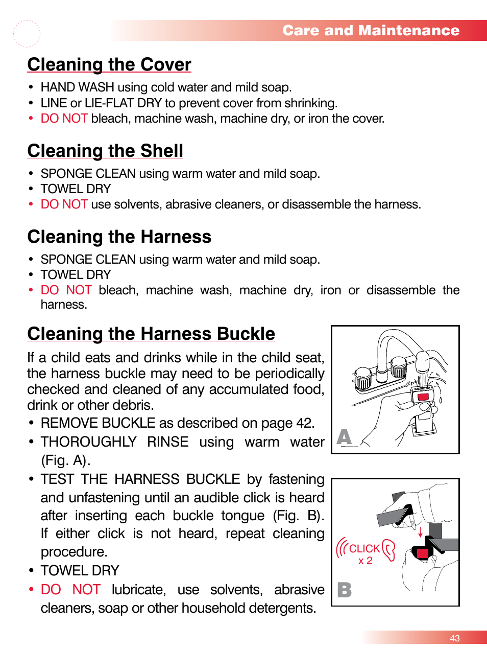 Cleaning the cover, Cleaning the shell, Cleaning the harness | Cleaning the harness buckle | Britax ROUND ABOUT 50 User Manual | Page 45 / 48