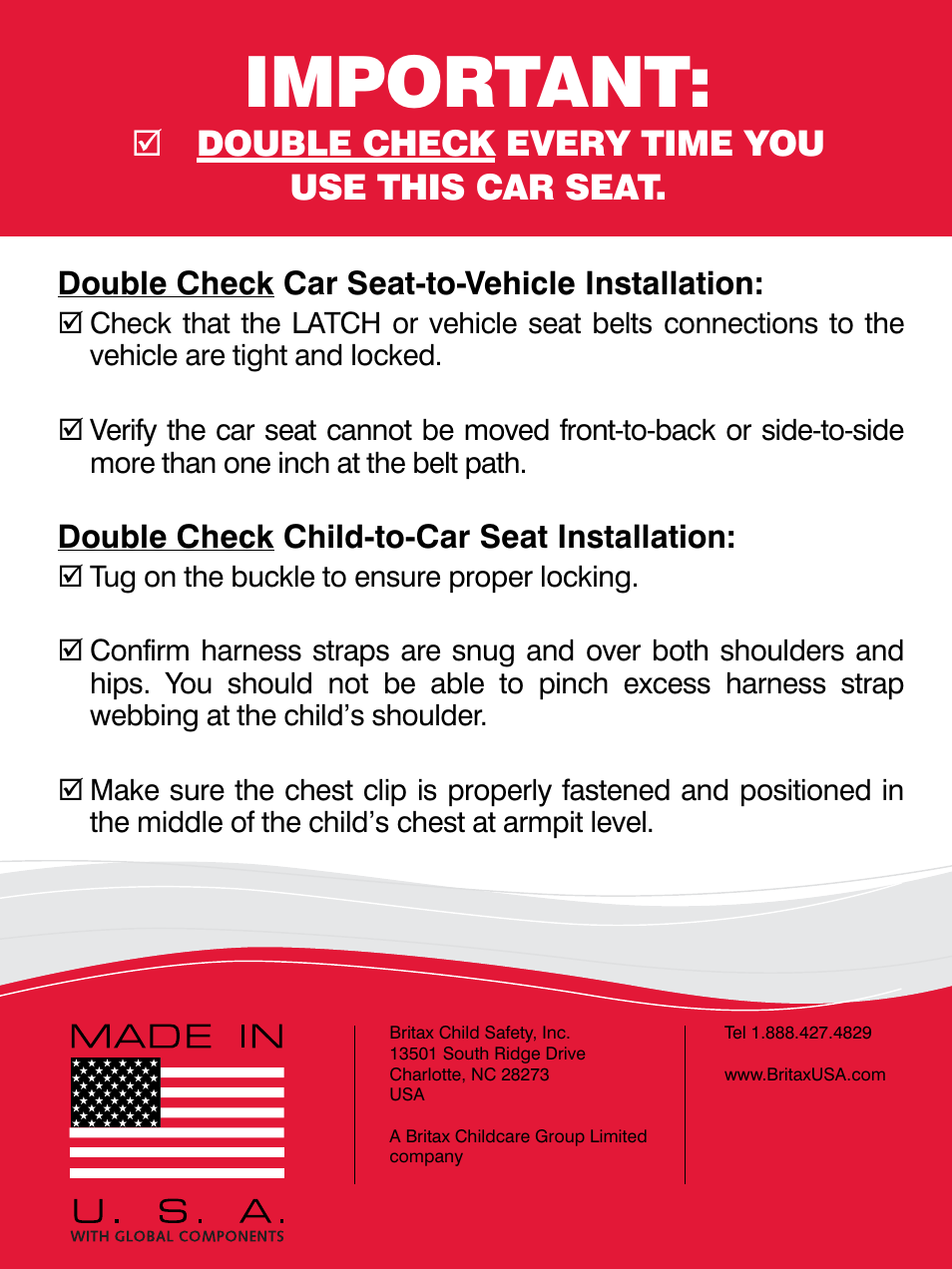 Important, Classic, Roundabout | Double check every time you use this car seat, Double check car seat-to-vehicle installation, Double check child-to-car seat installation | Britax ROUND ABOUT 50 User Manual | Page 48 / 48