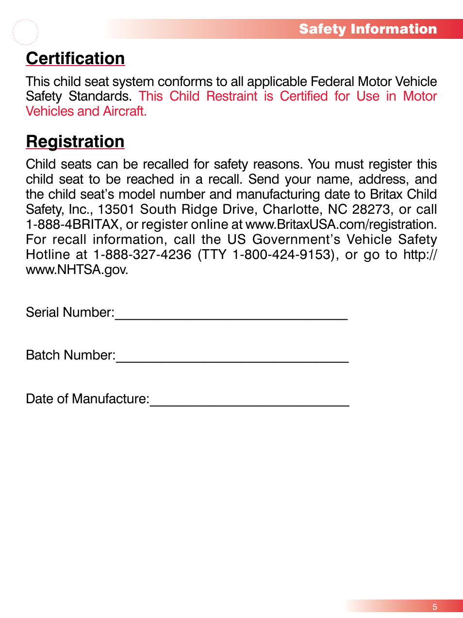 Certification, Registration | Britax ROUND ABOUT 50 User Manual | Page 7 / 48