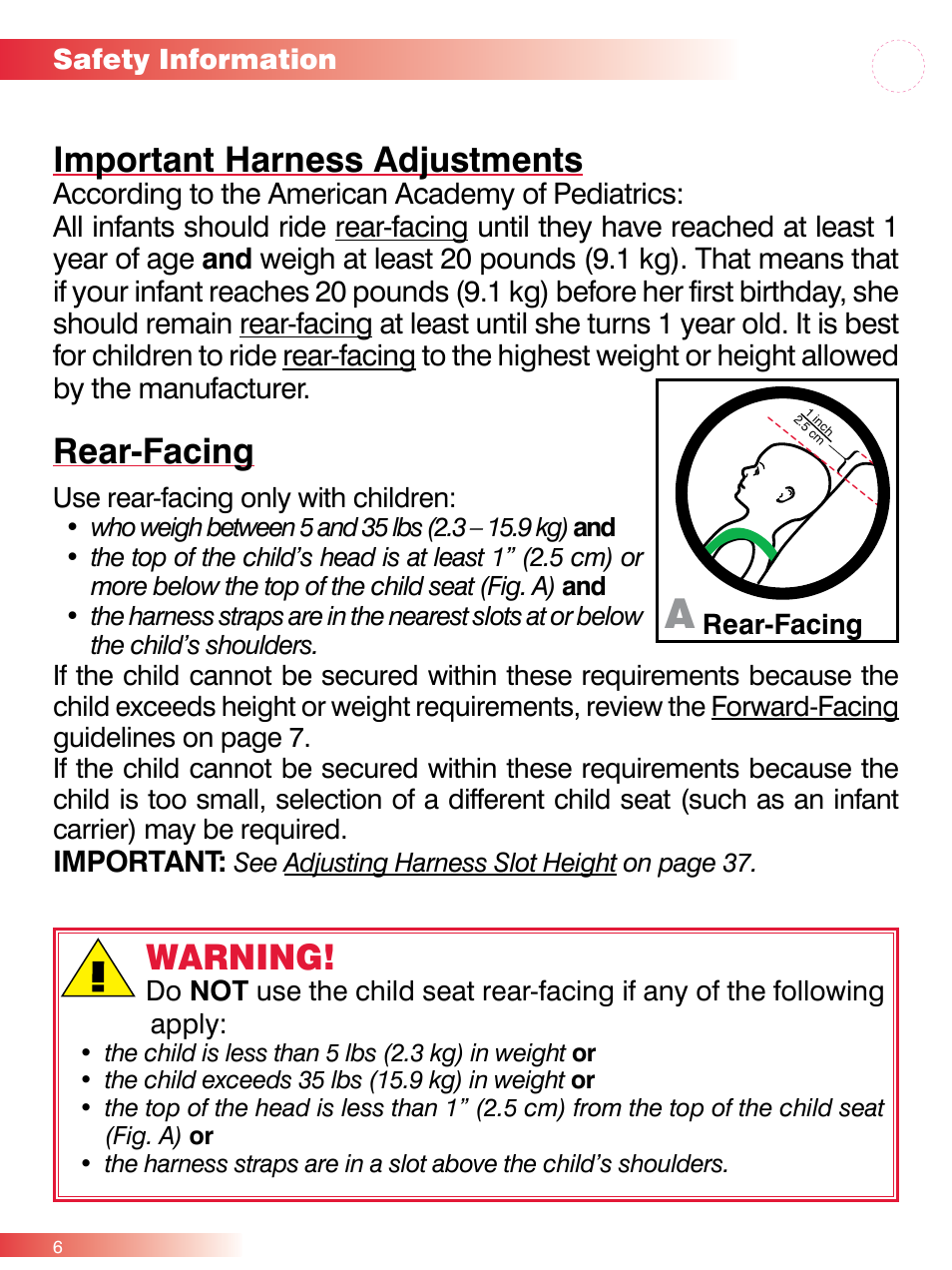 Important harness adjustments, Rear-facing, Warning | Britax ROUND ABOUT 50 User Manual | Page 8 / 48