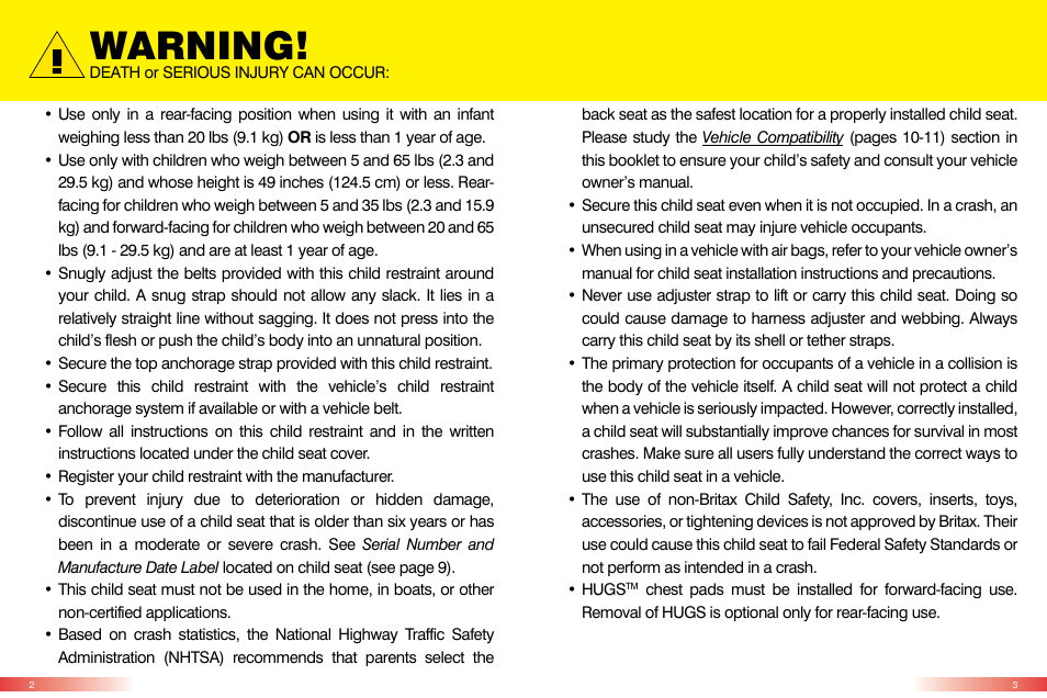 Warning | Britax MARATHON CS User Manual | Page 3 / 23