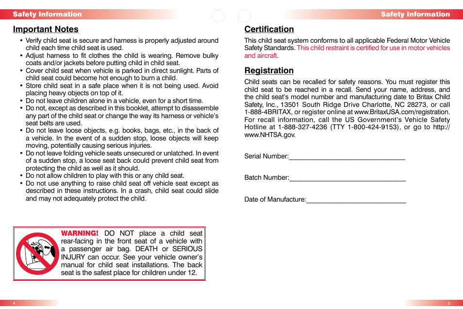 Certification, Registration | Britax MARATHON CS User Manual | Page 4 / 23