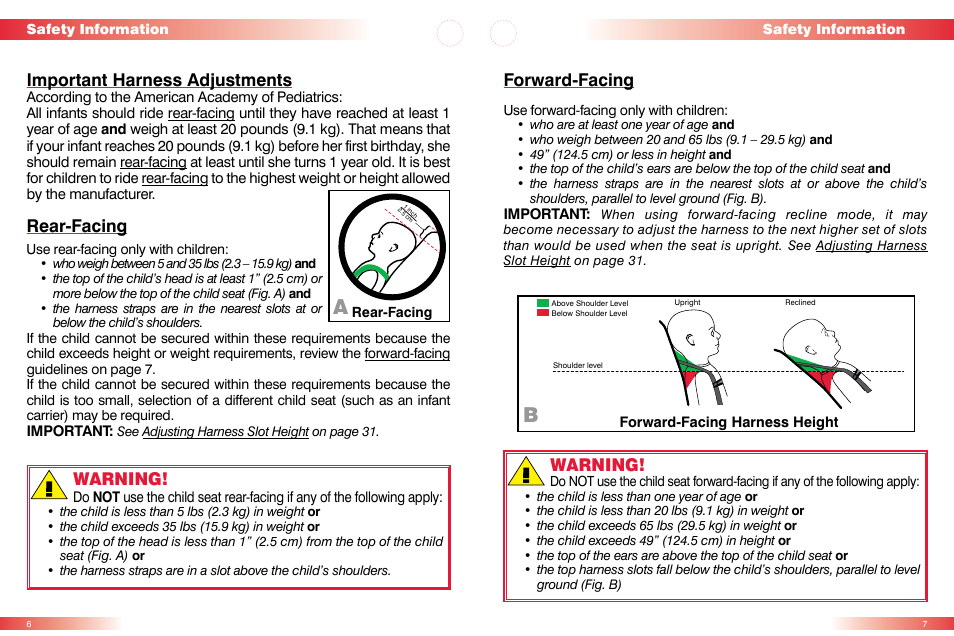 Important harness adjustments, Rear-facing, Warning | Forward-facing | Britax MARATHON CS User Manual | Page 5 / 23