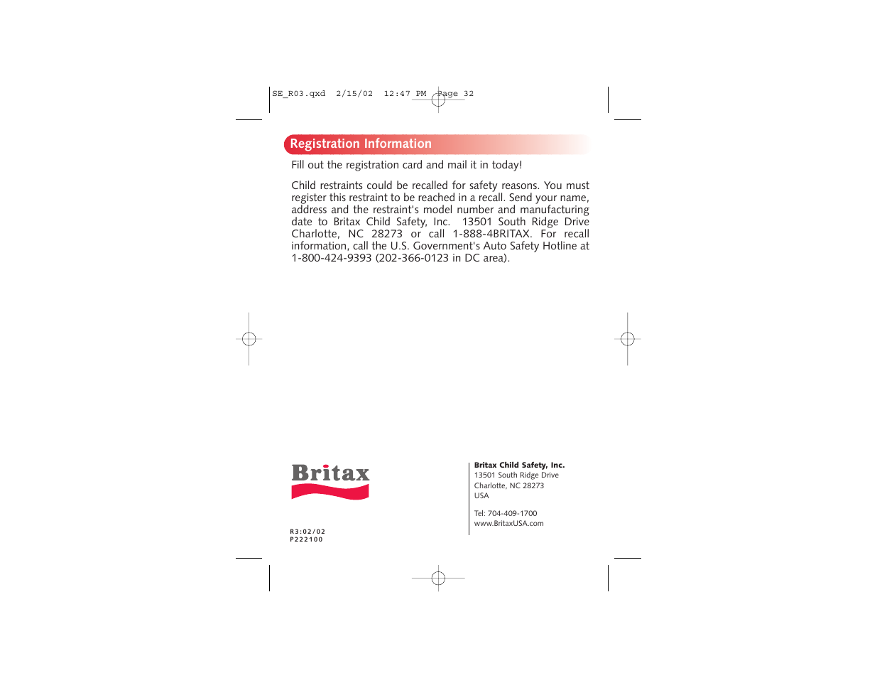 Registration information | Britax Super Elite User Manual | Page 17 / 17