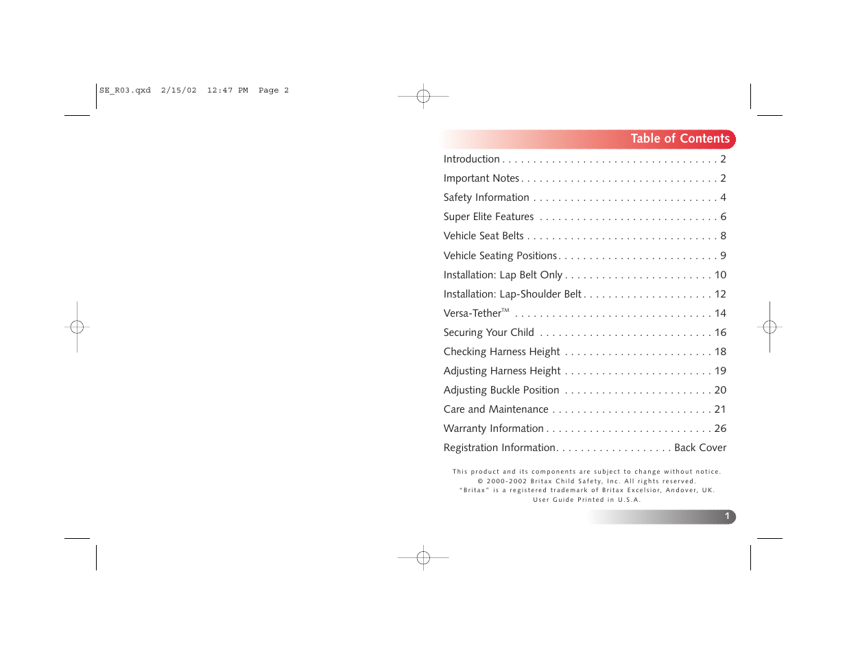 Britax Super Elite User Manual | Page 2 / 17