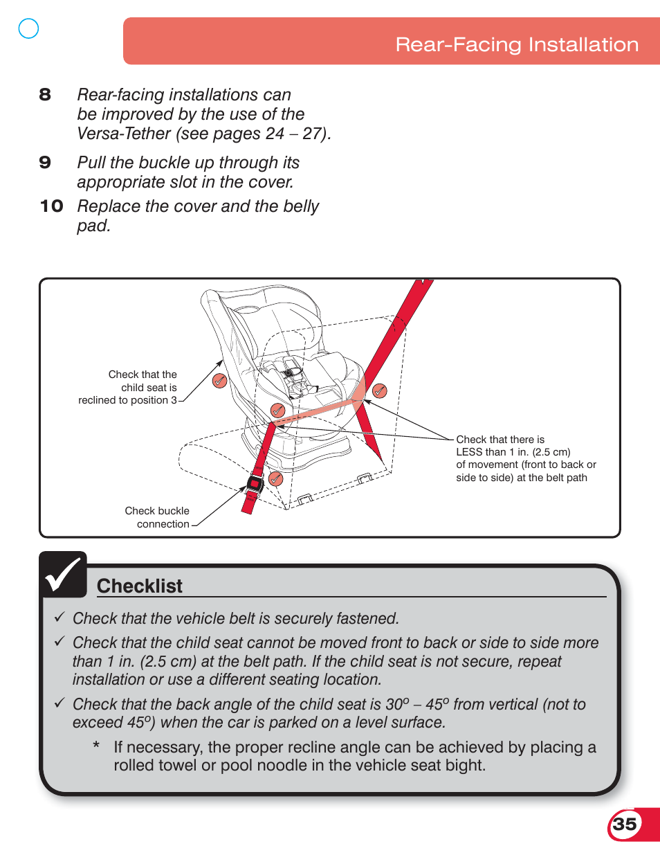Checklist, Rear-facing installation | Britax BOULEVARD 70 User Manual | Page 37 / 70