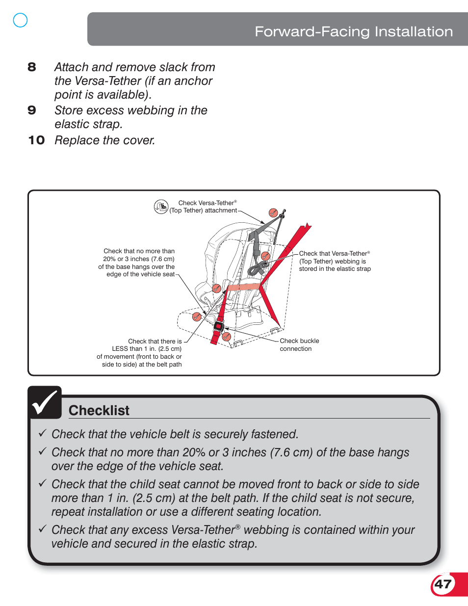 Checklist, Forward-facing installation, 10 replace the cover | Britax BOULEVARD 70 User Manual | Page 49 / 70