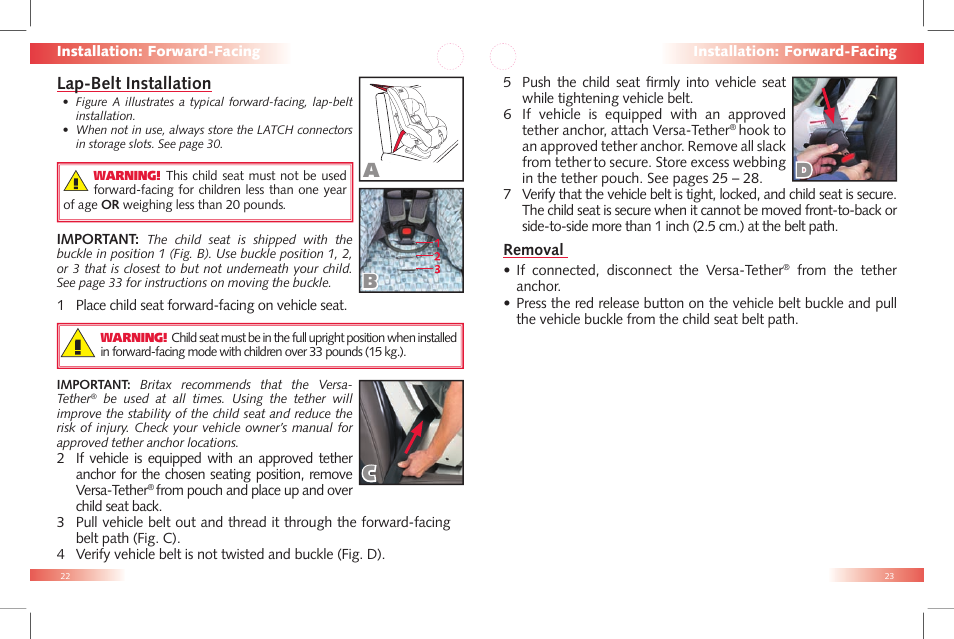 Ab c d, Lap-belt installation | Britax Car Seat User Manual | Page 13 / 23