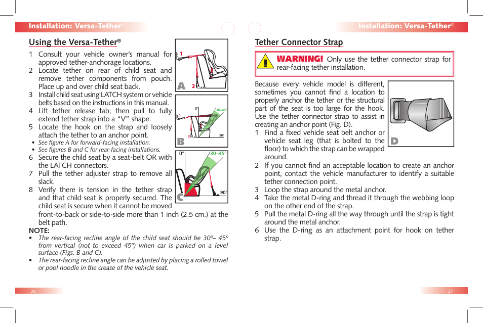 Using the versa-tether, Tether connector strap, Warning | Britax Car Seat User Manual | Page 15 / 23