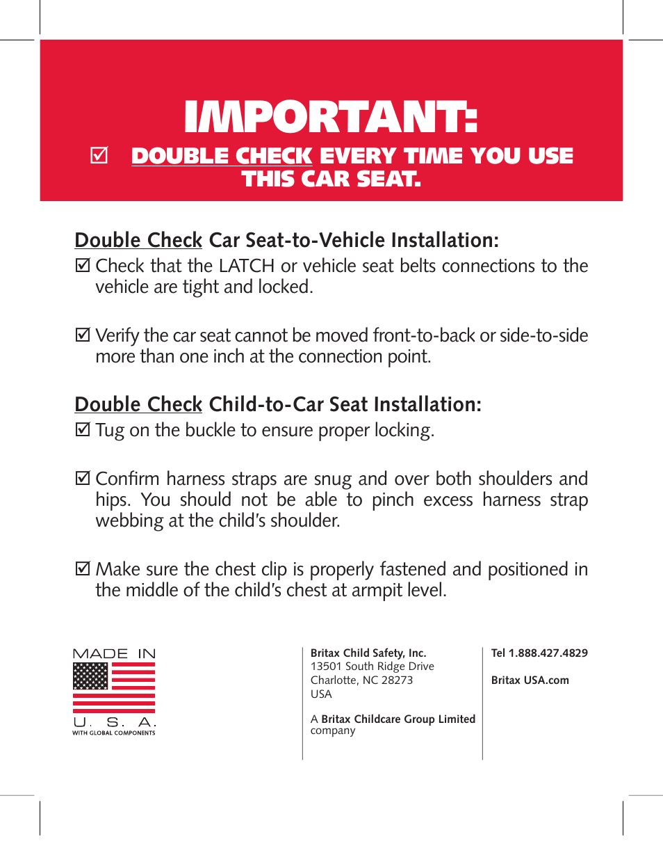Important | Britax Car Seat User Manual | Page 23 / 23