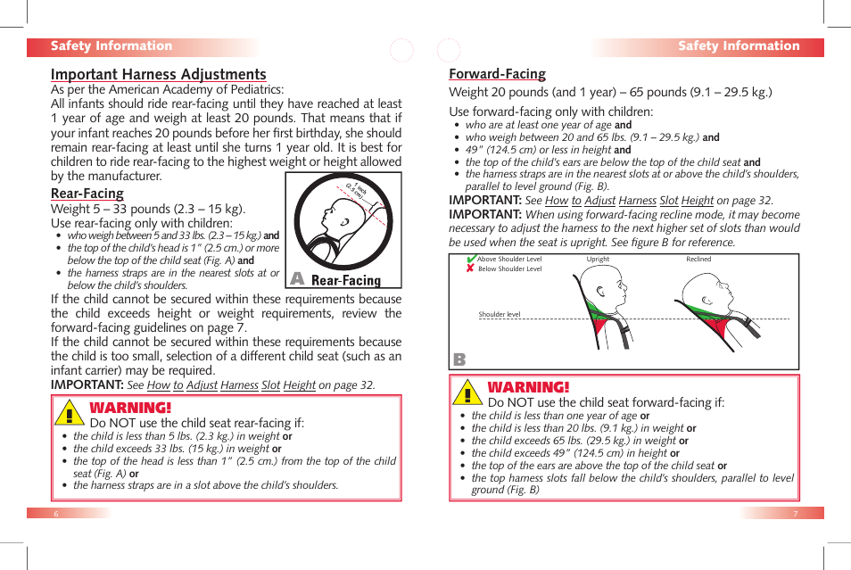 Important harness adjustments, Warning, Rear-facing | Forward-facing | Britax Car Seat User Manual | Page 5 / 23