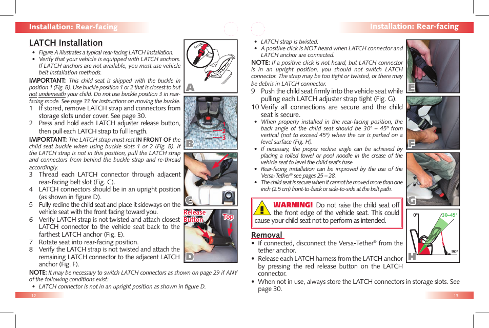 Hg f e, Latch installation, Removal | Britax Car Seat User Manual | Page 8 / 23