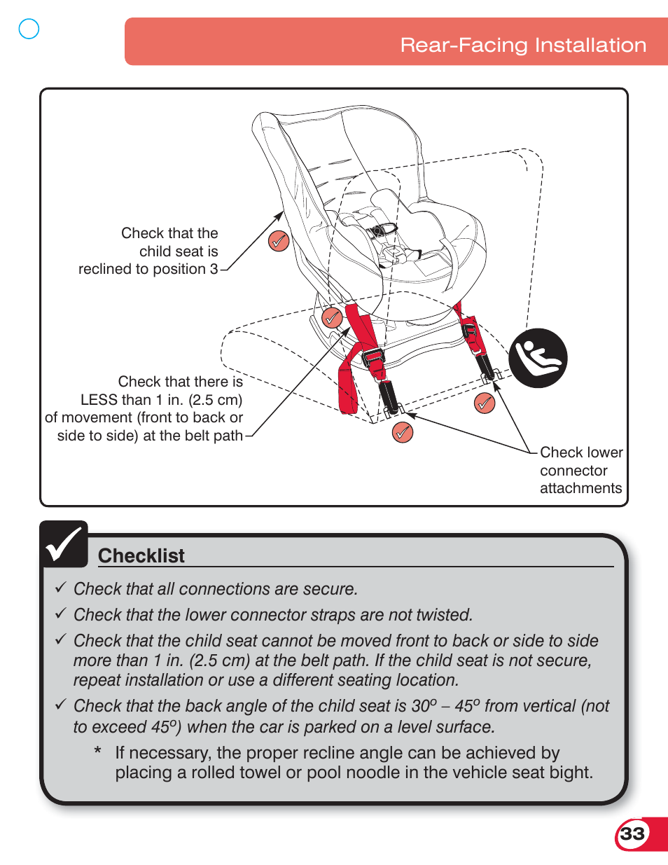 Checklist, Rear-facing installation | Britax ROUNDABOUT 55 User Manual | Page 35 / 70