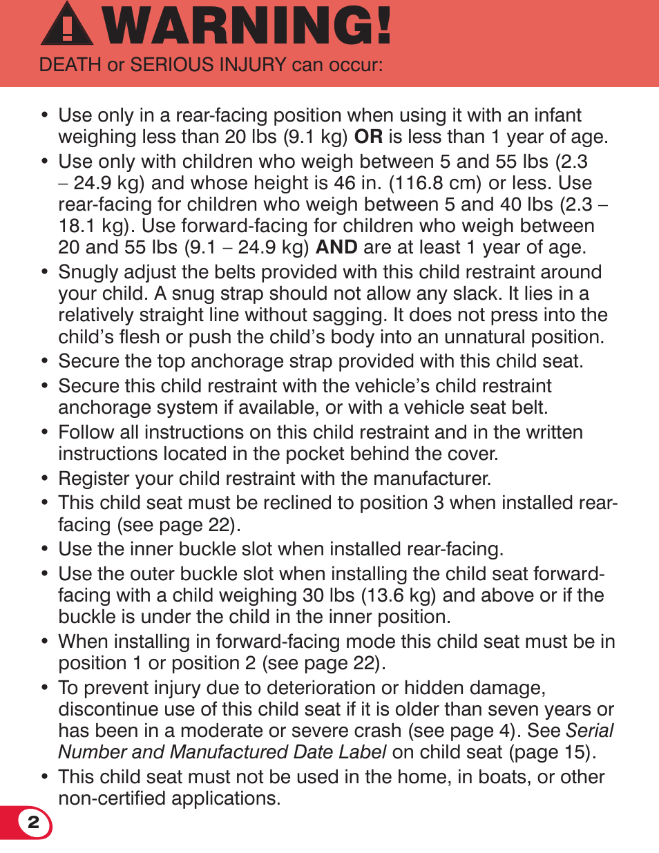Warning | Britax ROUNDABOUT 55 User Manual | Page 4 / 70