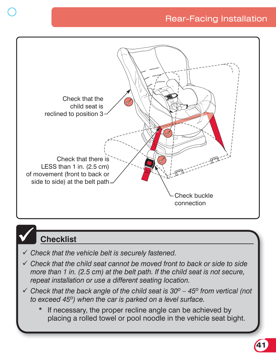 Checklist, Rear-facing installation | Britax ROUNDABOUT 55 User Manual | Page 43 / 70