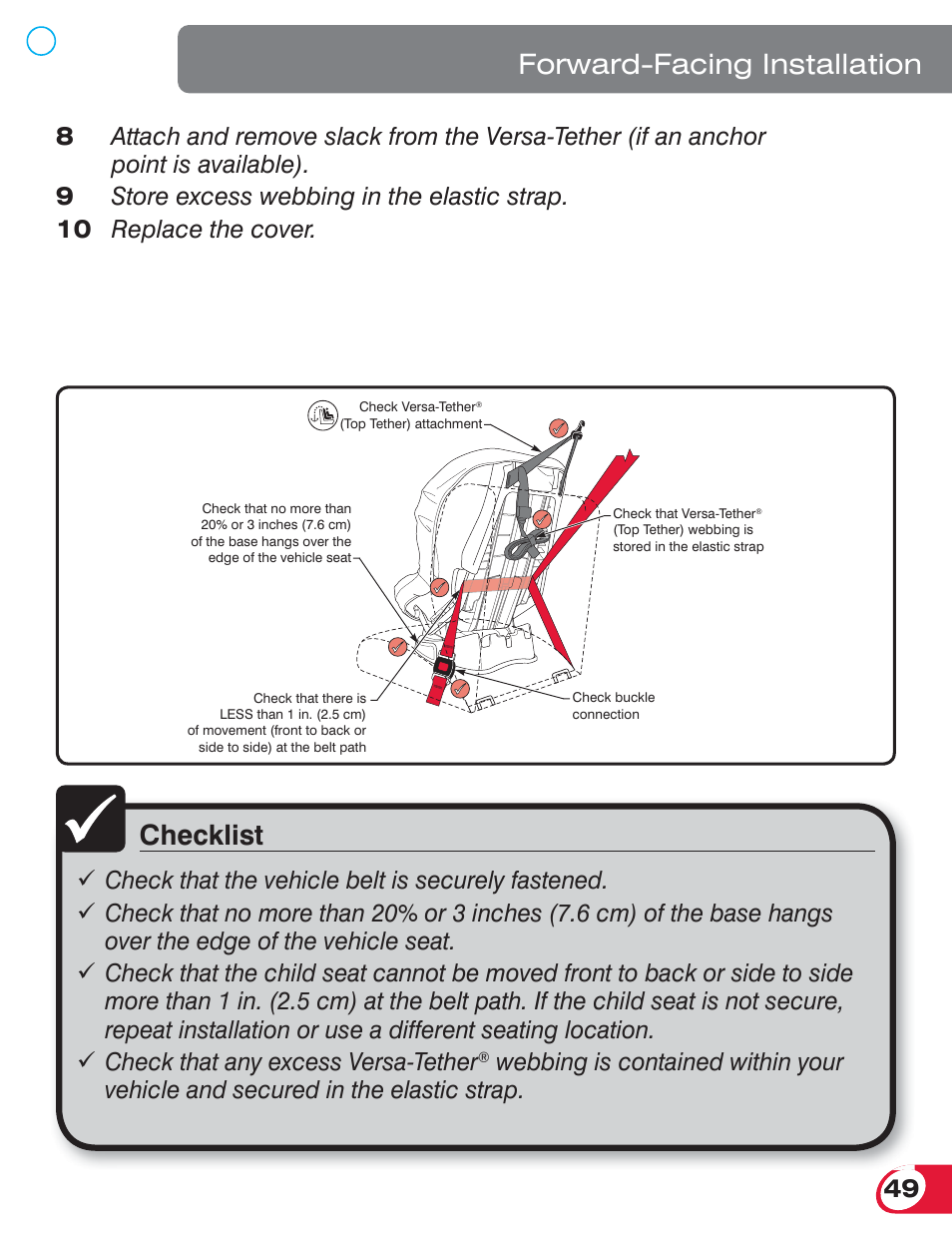 Checklist, Forward-facing installation, 10 replace the cover | Britax ROUNDABOUT 55 User Manual | Page 51 / 70