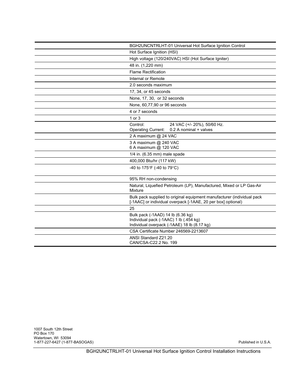 Technical specification | BASO BGH2UNCNTRLHT-01 User Manual | Page 19 / 19