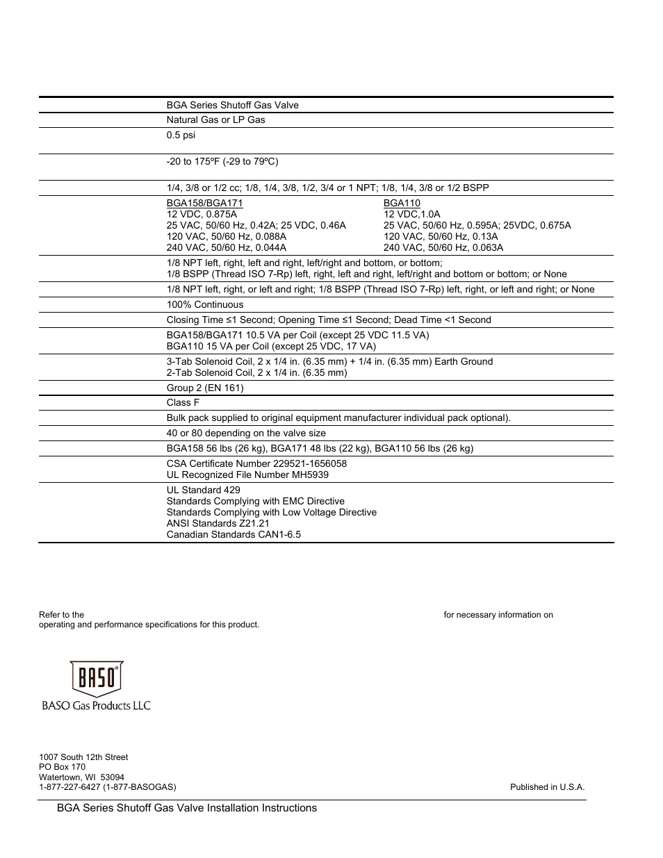Technical specifications | BASO BGA110 User Manual | Page 6 / 6