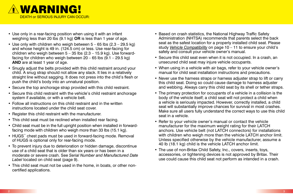 Warning | Britax BOULEVARD CS User Manual | Page 3 / 24