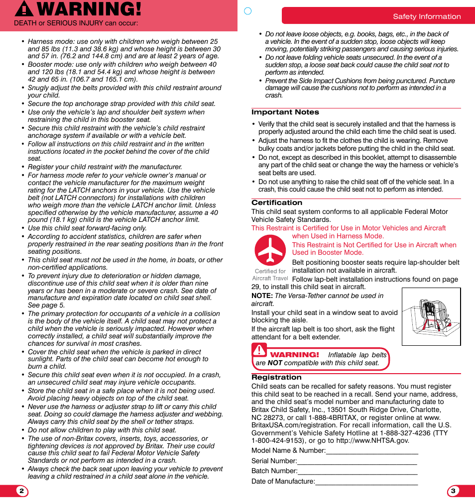 Warning | Britax FRONTIER 85 SICT User Manual | Page 3 / 29